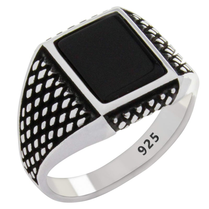 Babylon Silver Solid 925 Sterling Silver Onyx Stone Turkish Handmade Luxury Men's Ring (7) - Image 1